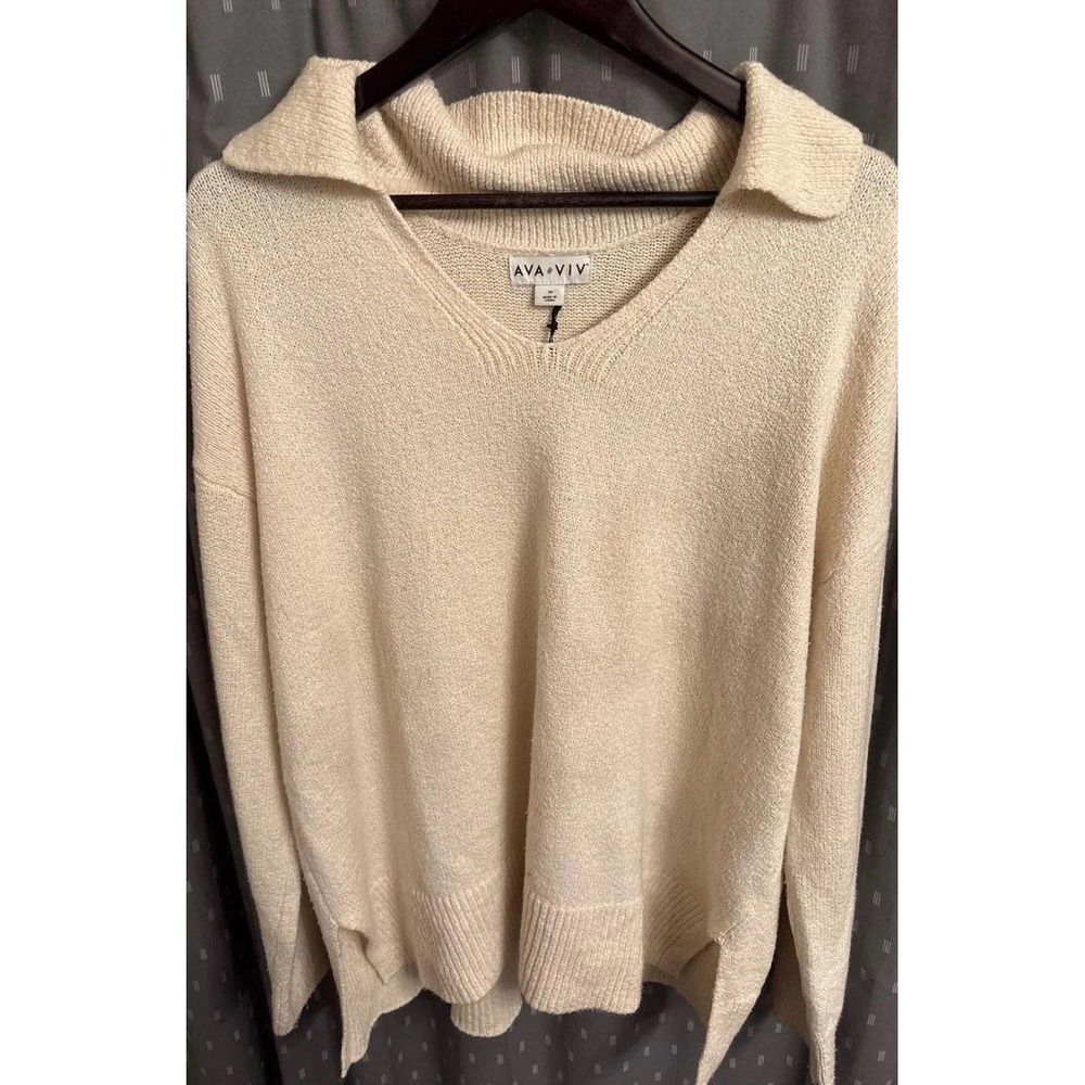 Ava & Viv Womens 1X Cream V-Neck Polo Collar Knit Sweater Oversized Long Sleeve